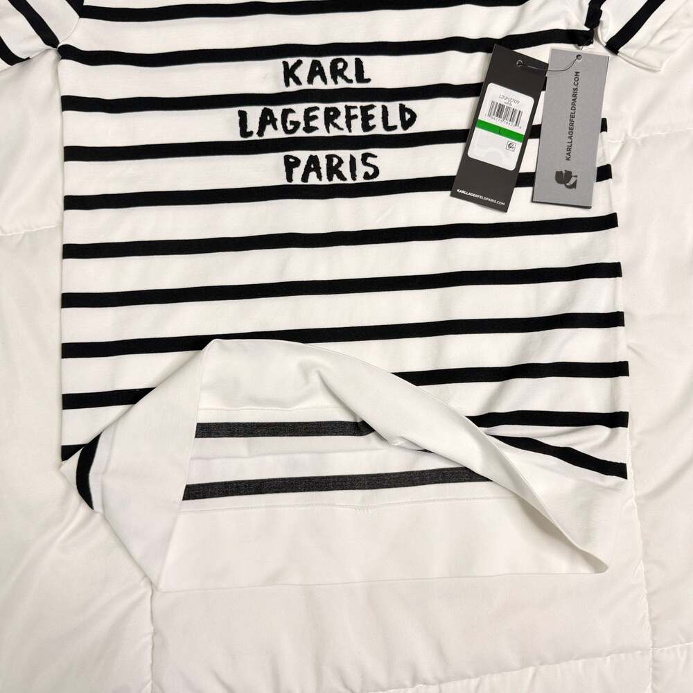 Karl Lagerfeld Paris Striped Logo Top NWT Size L Black White Knit Tee - Picture 4 of 7